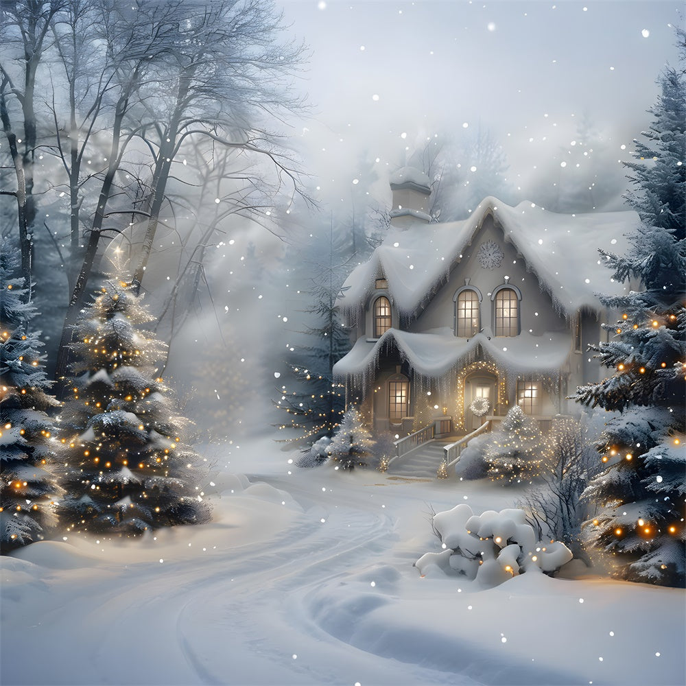 Christmas Snowy Forest House Lights Backdrop UK RR8-27