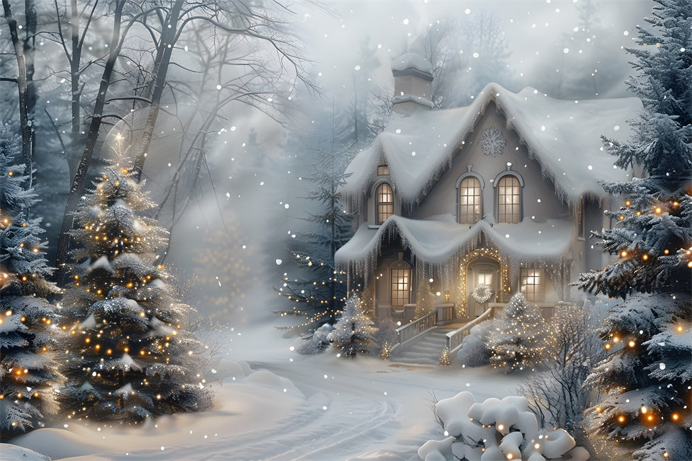 Christmas Snowy Forest House Lights Backdrop UK RR8-27