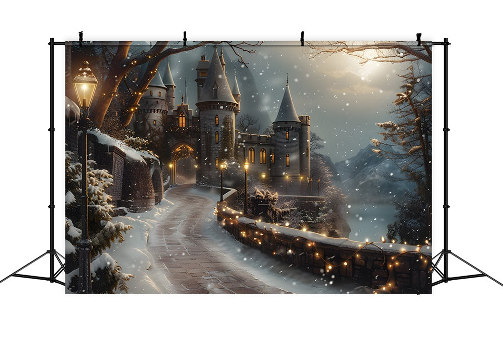 Christmas Evening Snowy Castle Road Backdrop UK RR8-29