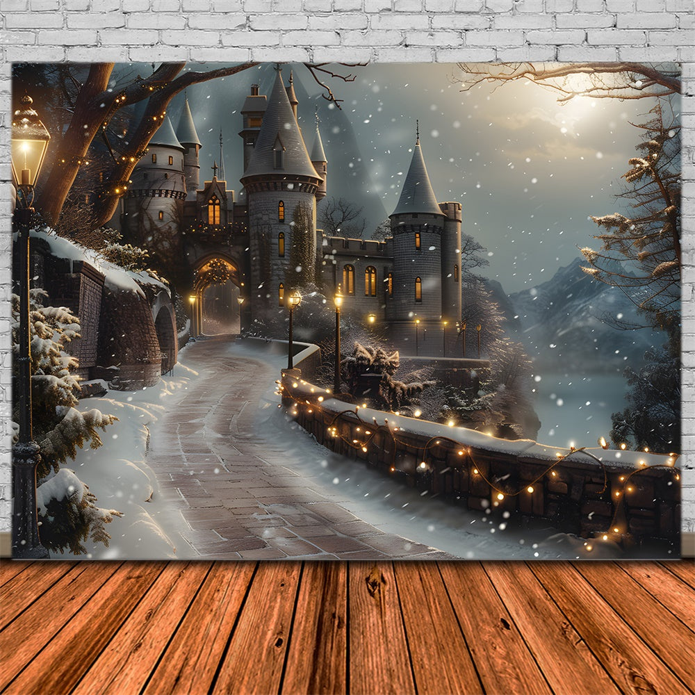 Christmas Evening Snowy Castle Road Backdrop UK RR8-29