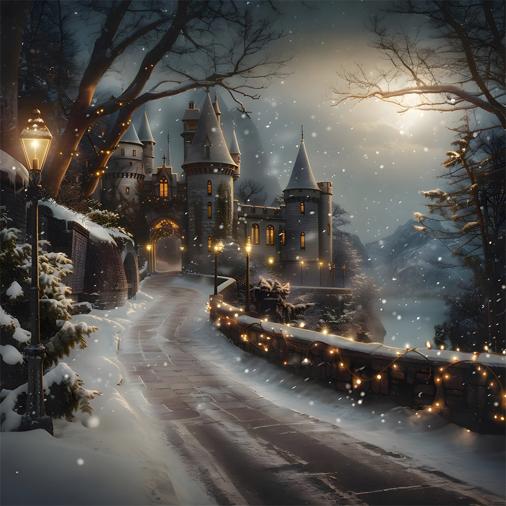 Christmas Evening Snowy Castle Road Backdrop UK RR8-29