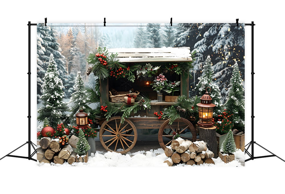 Christmas Snowy Fir Trees Wooden Cart Backdrop UK RR8-3