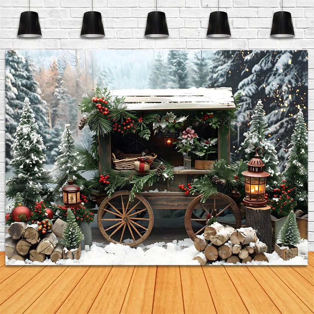 Christmas Snowy Fir Trees Wooden Cart Backdrop UK RR8-3