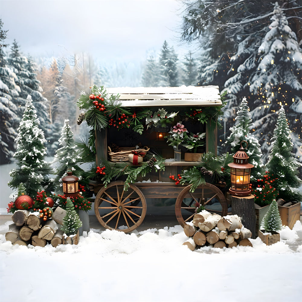 Christmas Snowy Fir Trees Wooden Cart Backdrop UK RR8-3