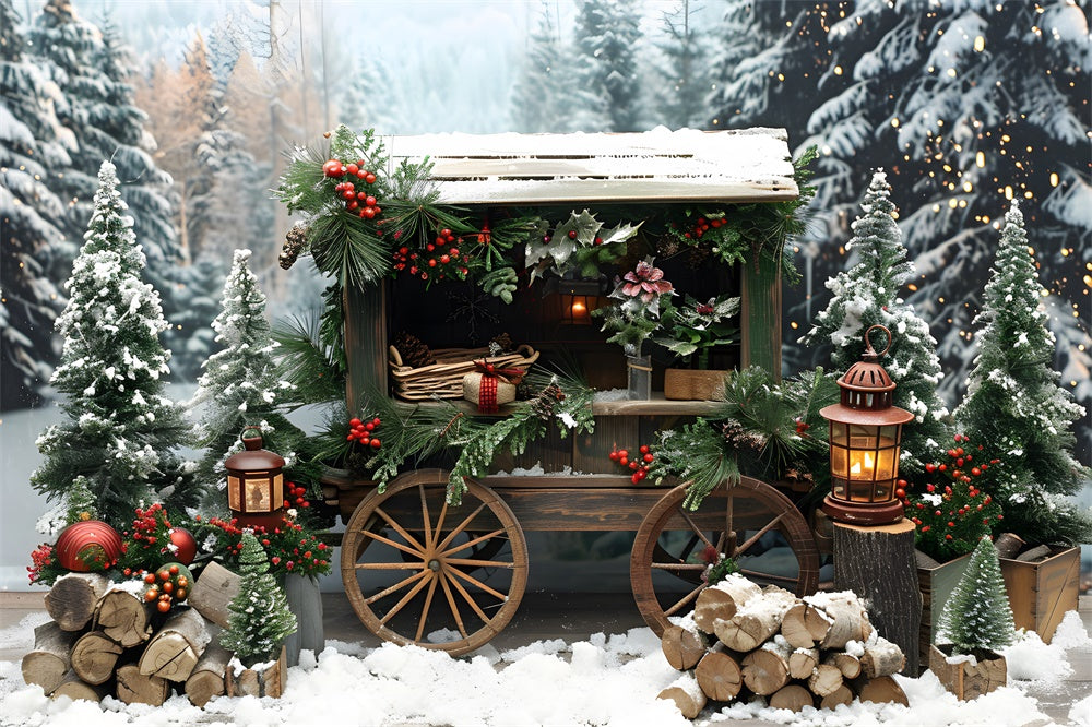 Christmas Snowy Fir Trees Wooden Cart Backdrop UK RR8-3