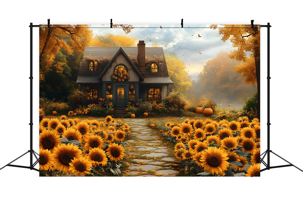 Autumn Sunflowers Wooden House Backdrop UK RR8-312