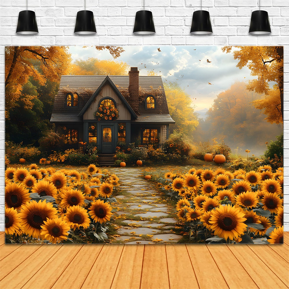 Autumn Sunflowers Wooden House Backdrop UK RR8-312