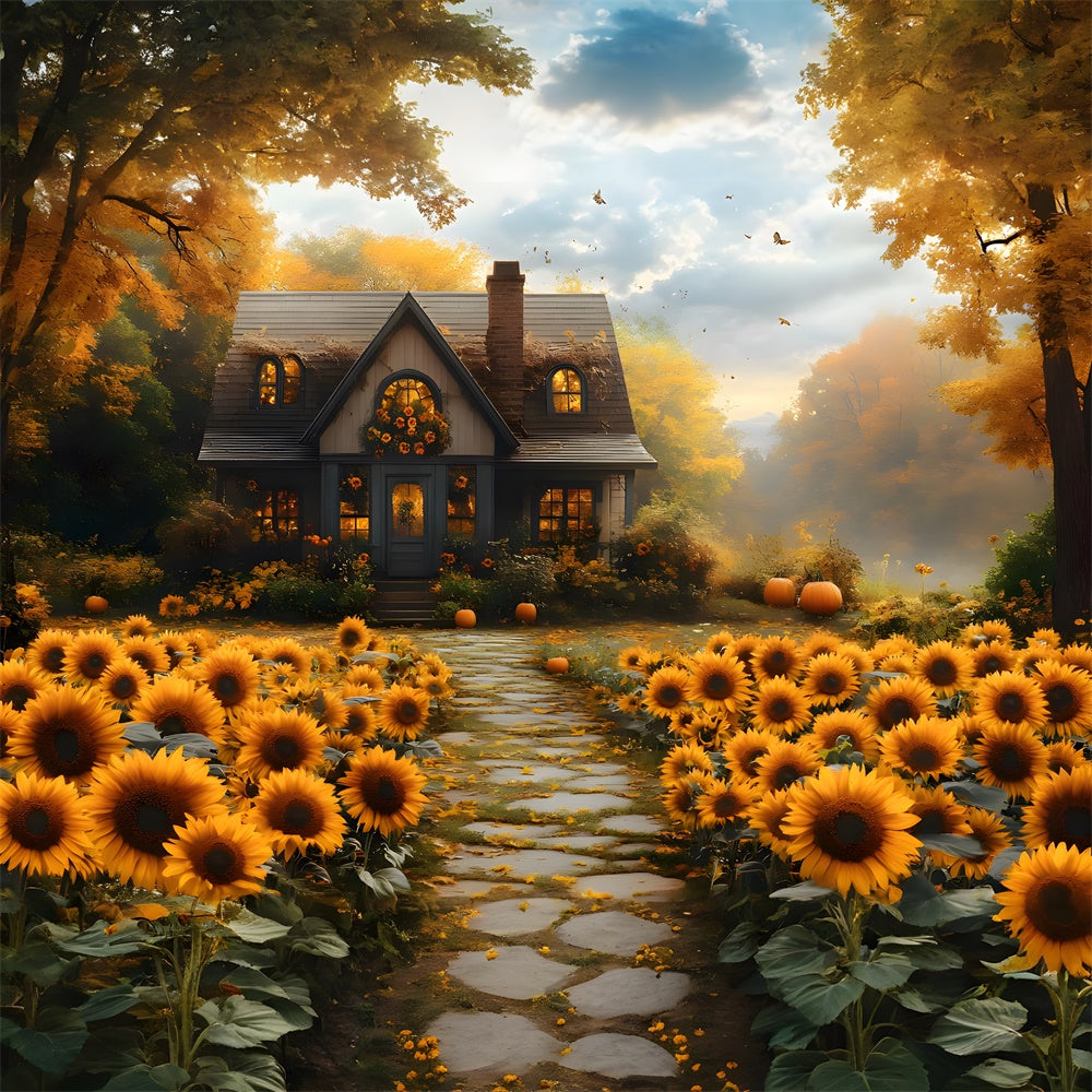 Autumn Sunflowers Wooden House Backdrop UK RR8-312