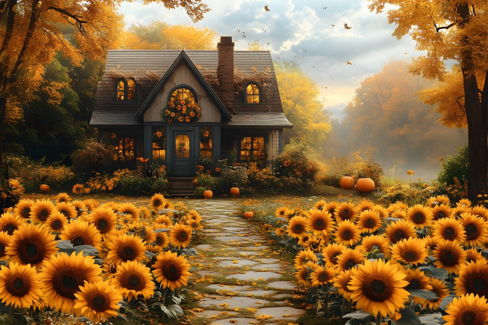 Autumn Sunflowers Wooden House Backdrop UK RR8-312