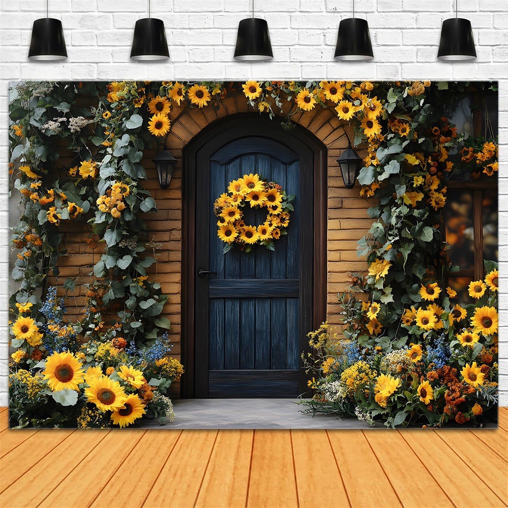 Autumn Sunflowers Wreath Adorning Door Backdrop UK RR8-314