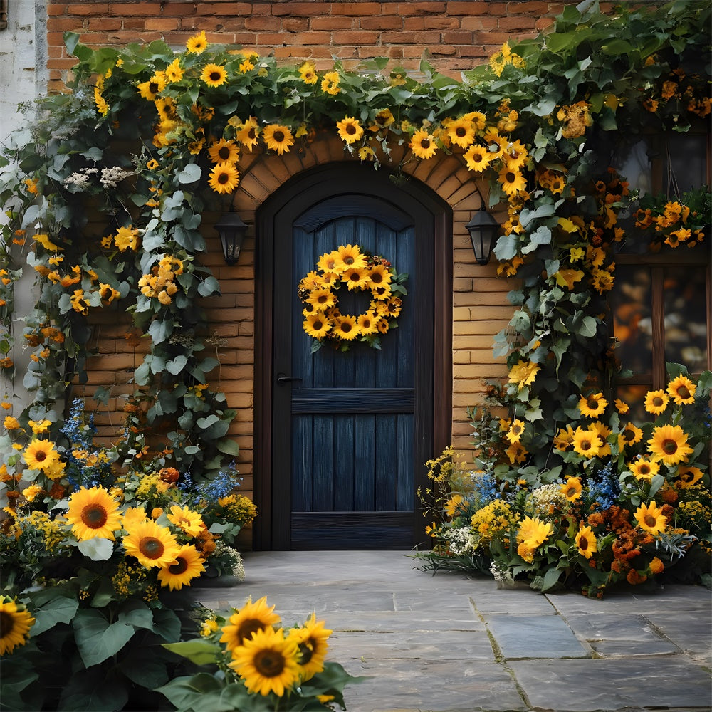 Autumn Sunflowers Wreath Adorning Door Backdrop UK RR8-314