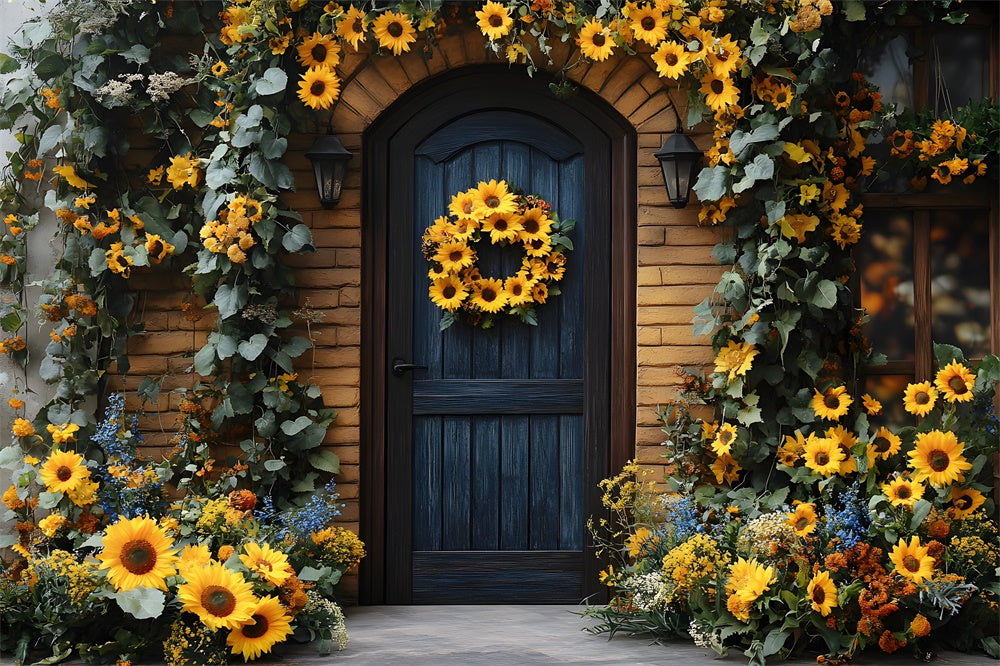 Autumn Sunflowers Wreath Adorning Door Backdrop UK RR8-314