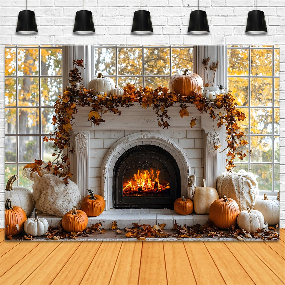 Autumn Pumpkins Burning Fireplace Backdrop UK RR8-319