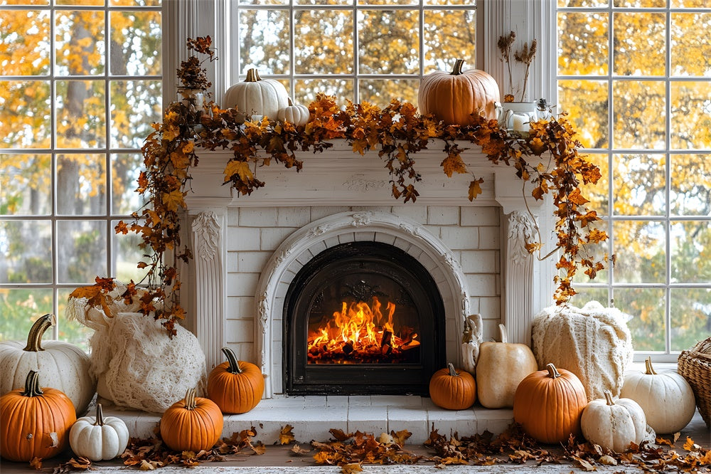 Autumn Pumpkins Burning Fireplace Backdrop UK RR8-319