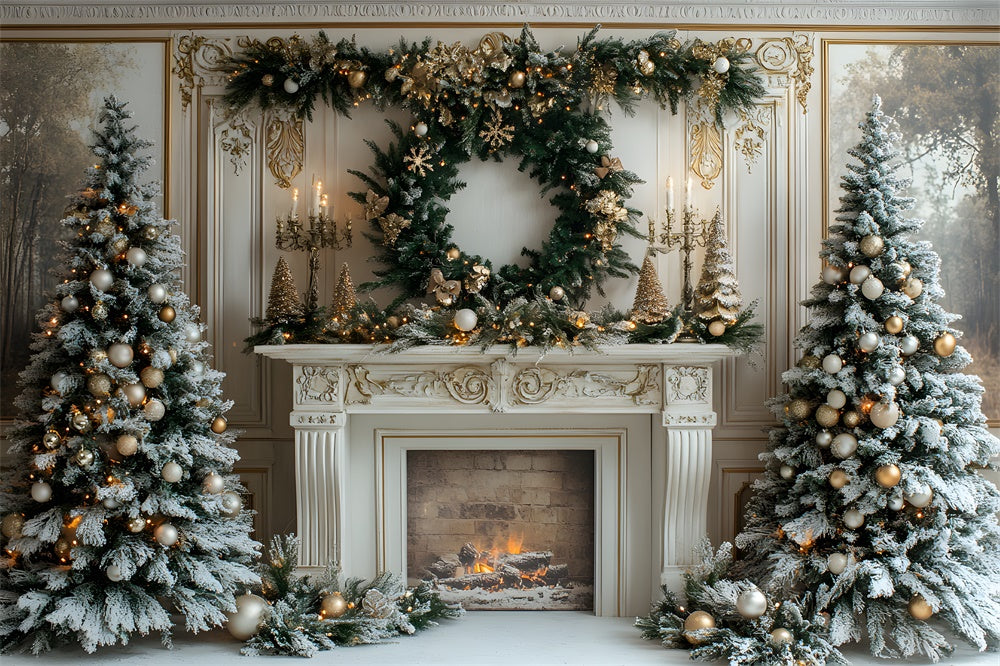 Christmas Trees Wreath Fireplace Backdrop UK RR8-32