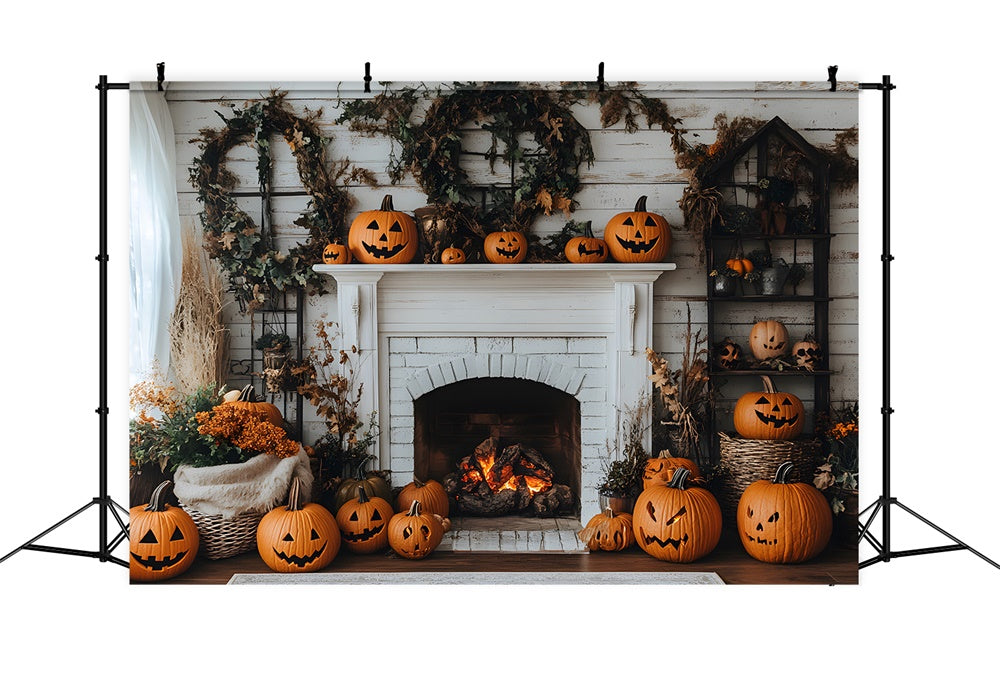 Autumn Evil Pumpkins Wreath Fireplace Backdrop UK RR8-321