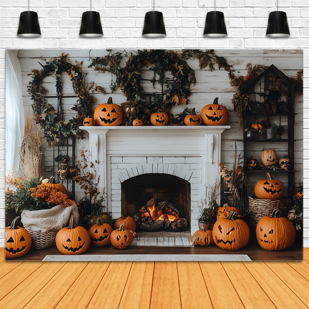 Autumn Evil Pumpkins Wreath Fireplace Backdrop UK RR8-321