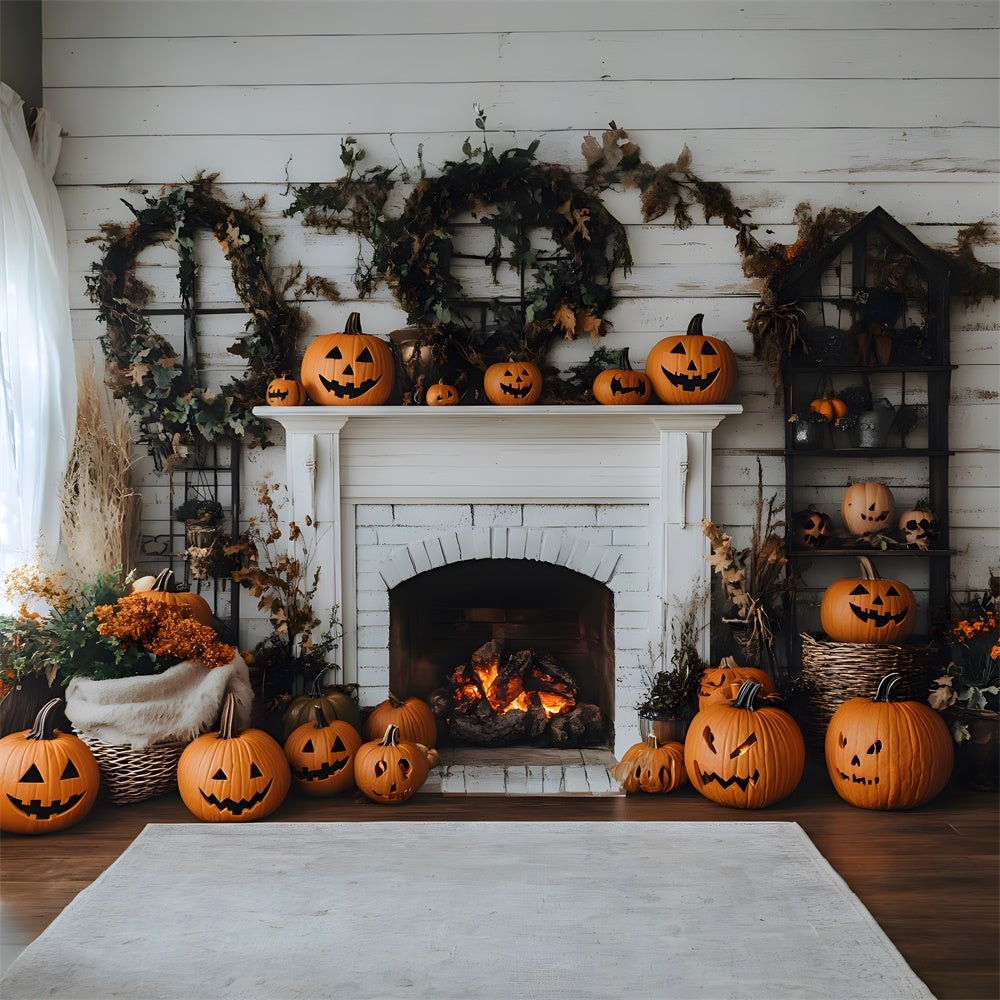 Autumn Evil Pumpkins Wreath Fireplace Backdrop UK RR8-321