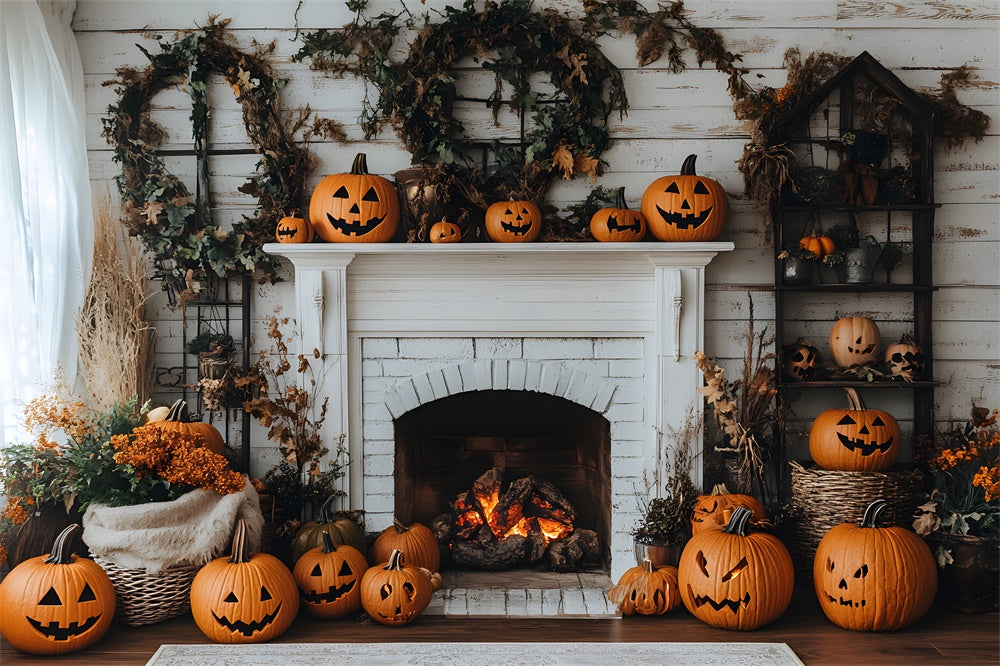 Autumn Evil Pumpkins Wreath Fireplace Backdrop UK RR8-321