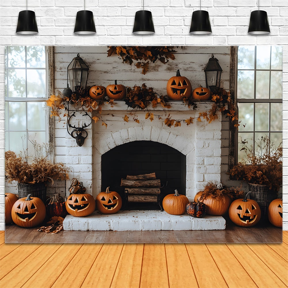 Autumn Brick Fireplace Pumpkins Backdrop UK RR8-322