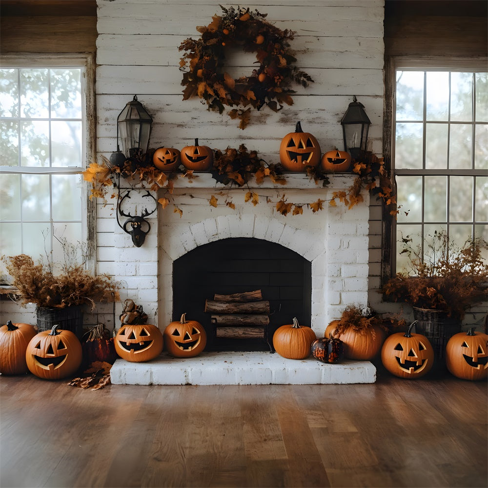 Autumn Brick Fireplace Pumpkins Backdrop UK RR8-322