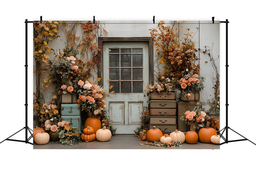 Flowers Pumpkin Rustic Autumn Door Backdrop UK RR8-324