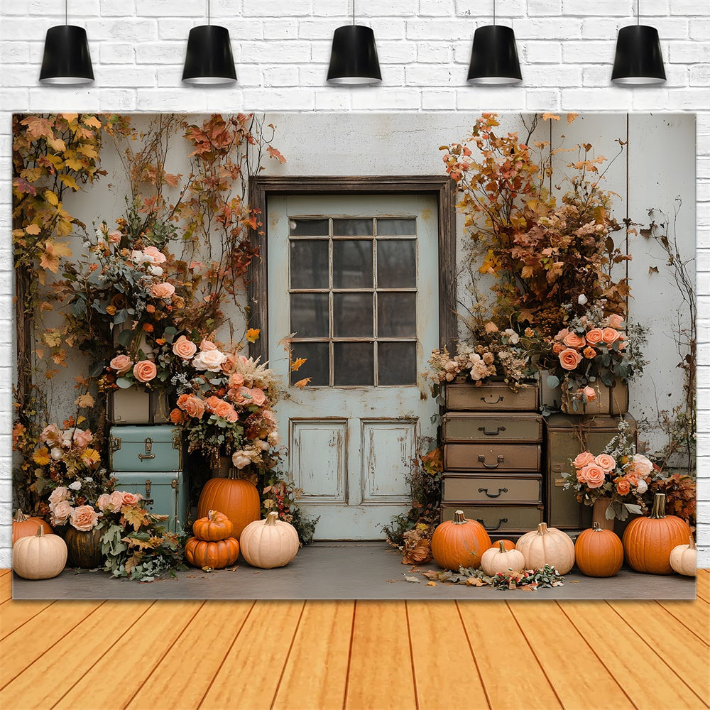 Flowers Pumpkin Rustic Autumn Door Backdrop UK RR8-324