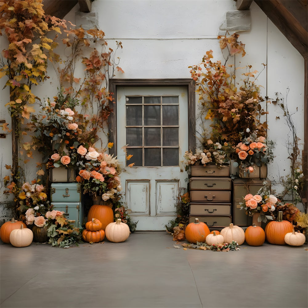 Flowers Pumpkin Rustic Autumn Door Backdrop UK RR8-324