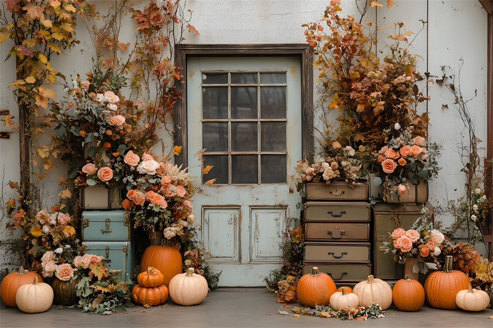 Flowers Pumpkin Rustic Autumn Door Backdrop UK RR8-324