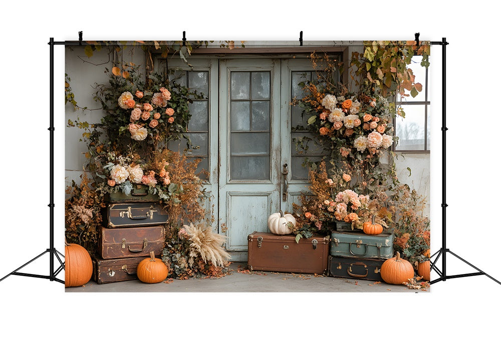 Autumn Dried Leaves Flowers Pumpkin Door Backdrop UK RR8-325