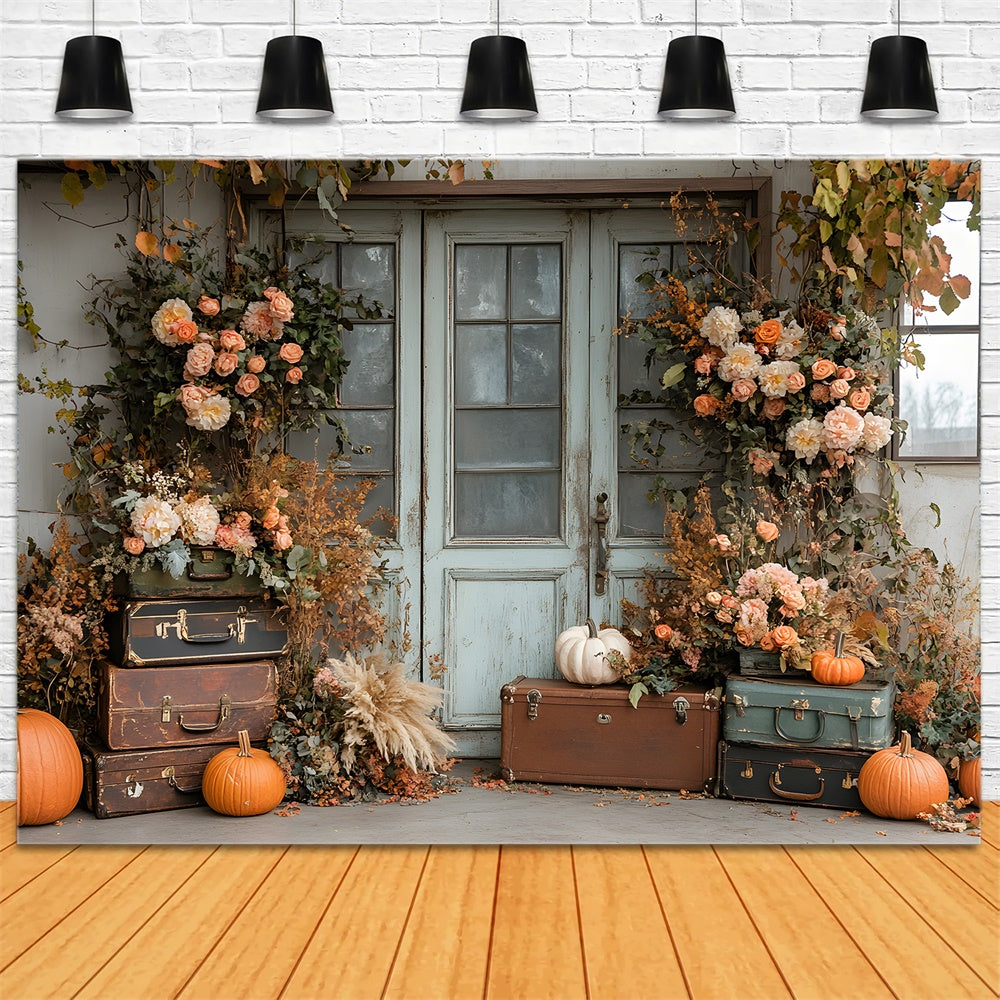 Autumn Dried Leaves Flowers Pumpkin Door Backdrop UK RR8-325