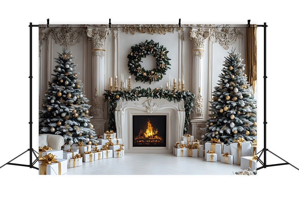 Christmas Trees Gift Boxes Fireplace Backdrop UK RR8-33