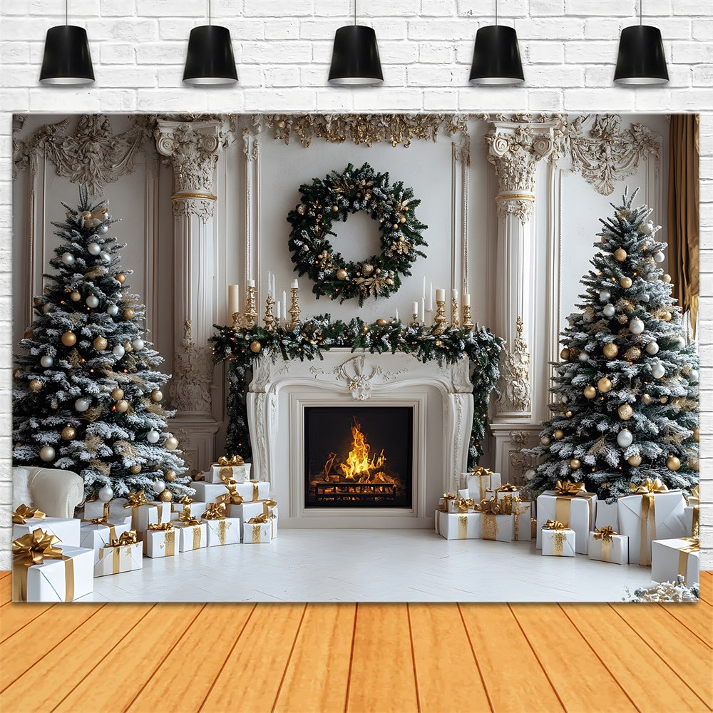 Christmas Trees Gift Boxes Fireplace Backdrop UK RR8-33