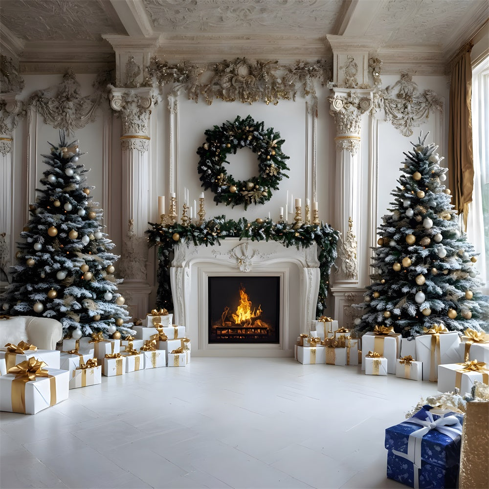 Christmas Trees Gift Boxes Fireplace Backdrop UK RR8-33