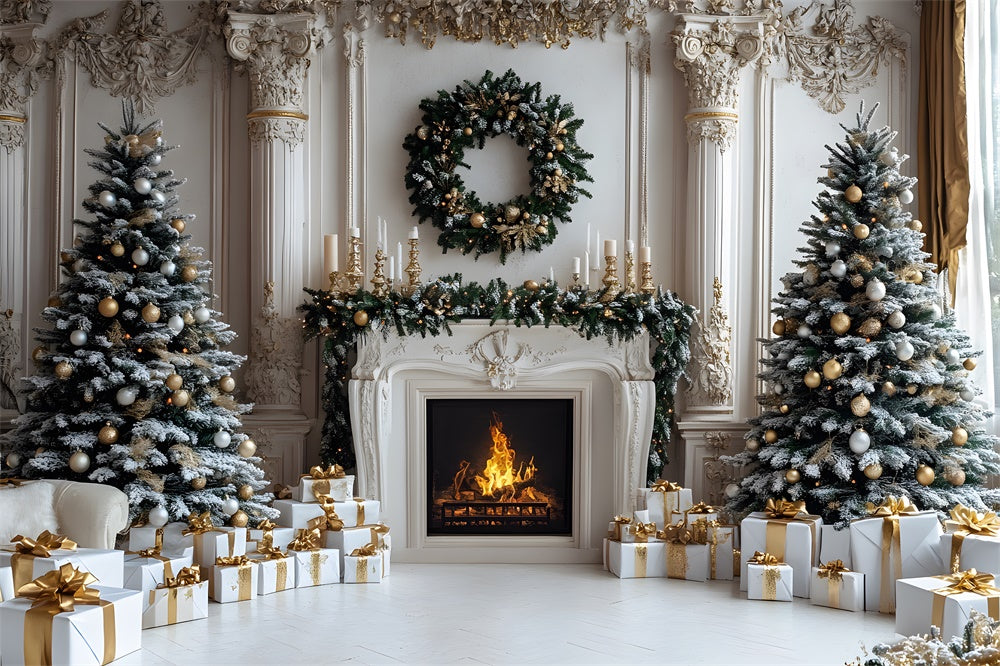 Christmas Trees Gift Boxes Fireplace Backdrop UK RR8-33