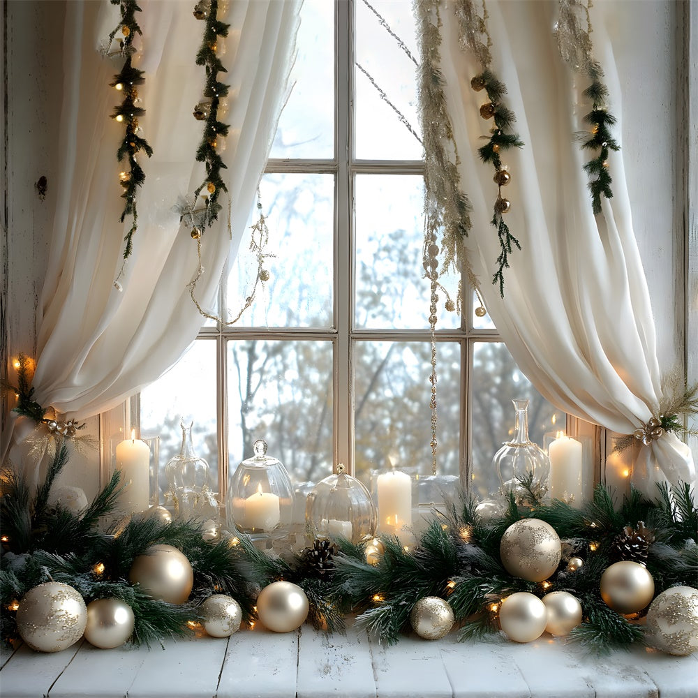 Christmas Balls Candles Window View Backdrop UK RR8-339