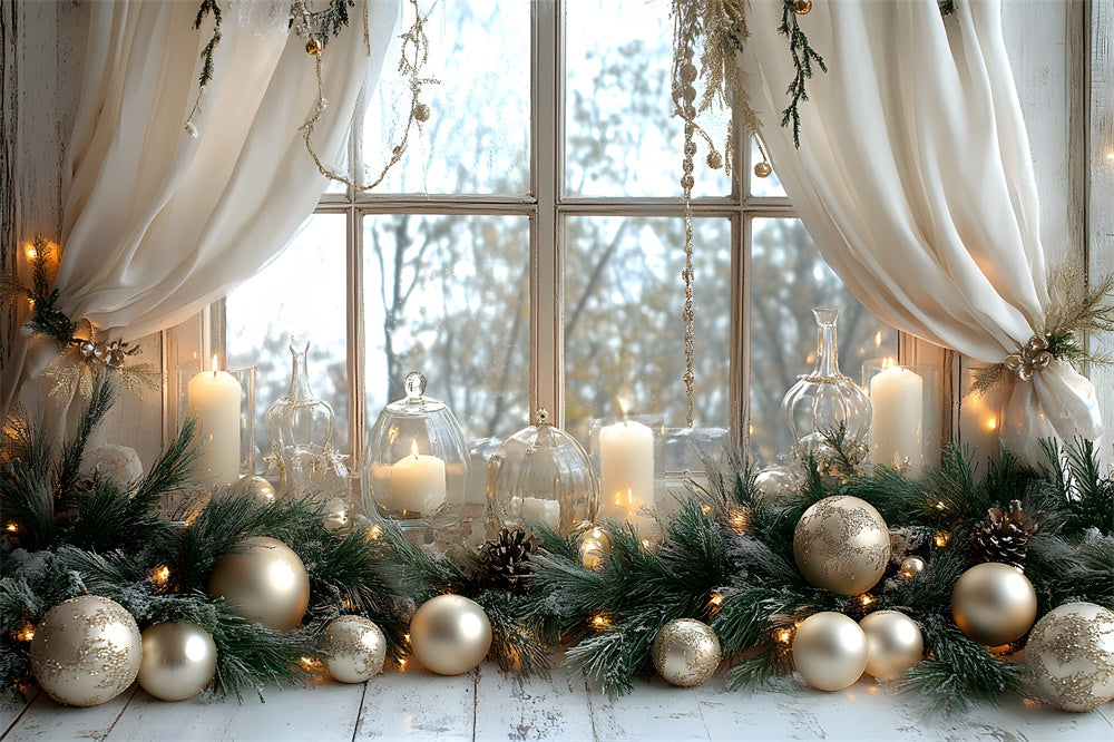 Christmas Balls Candles Window View Backdrop UK RR8-339