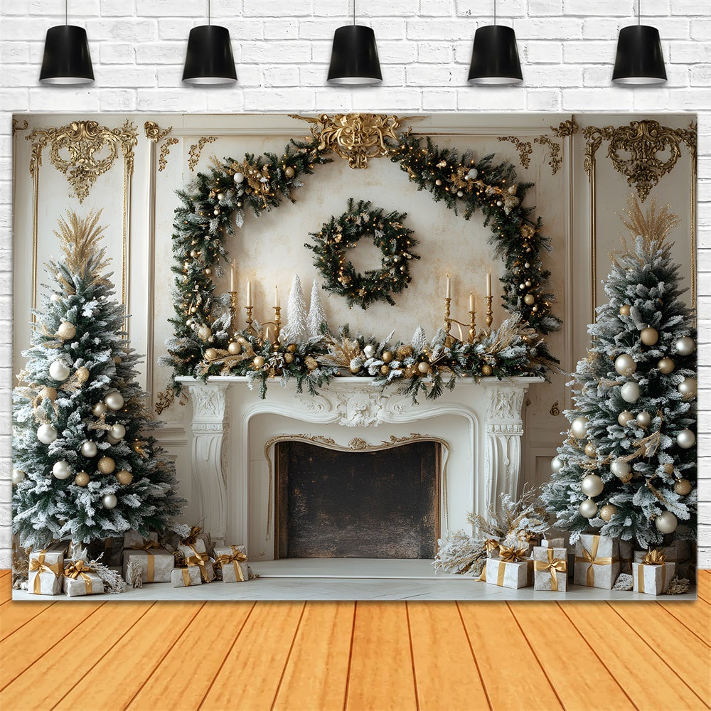 Christmas Wreath Fireplace Trees Backdrop UK RR8-34