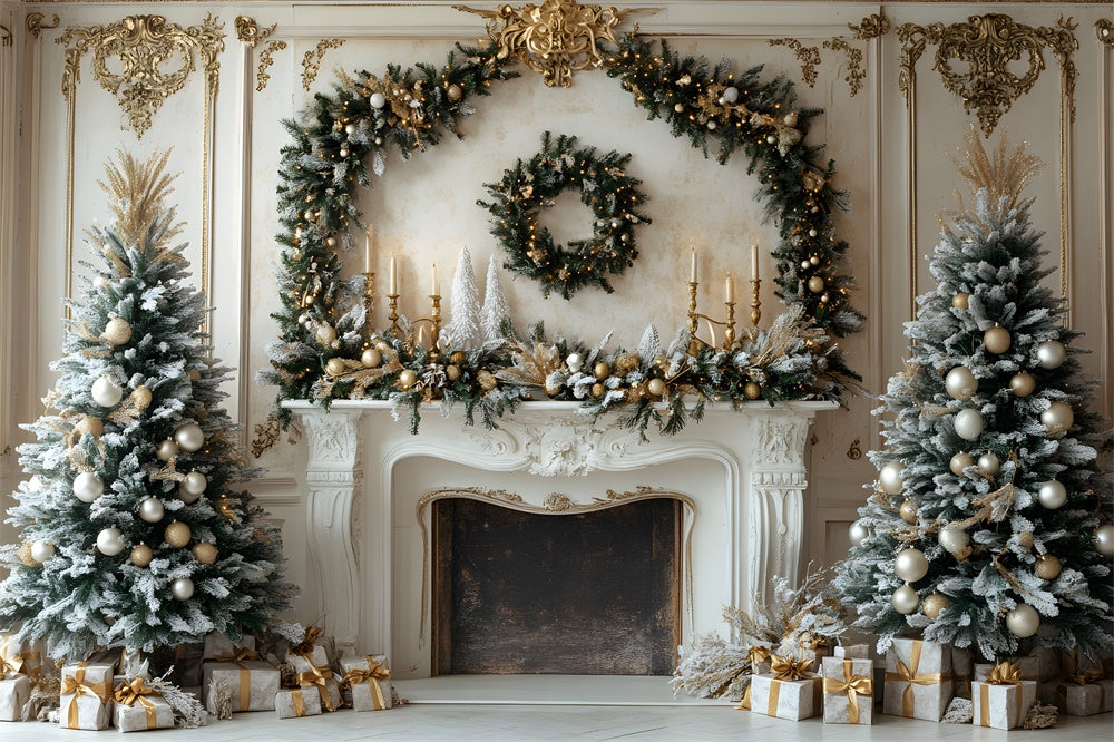 Christmas Wreath Fireplace Trees Backdrop UK RR8-34