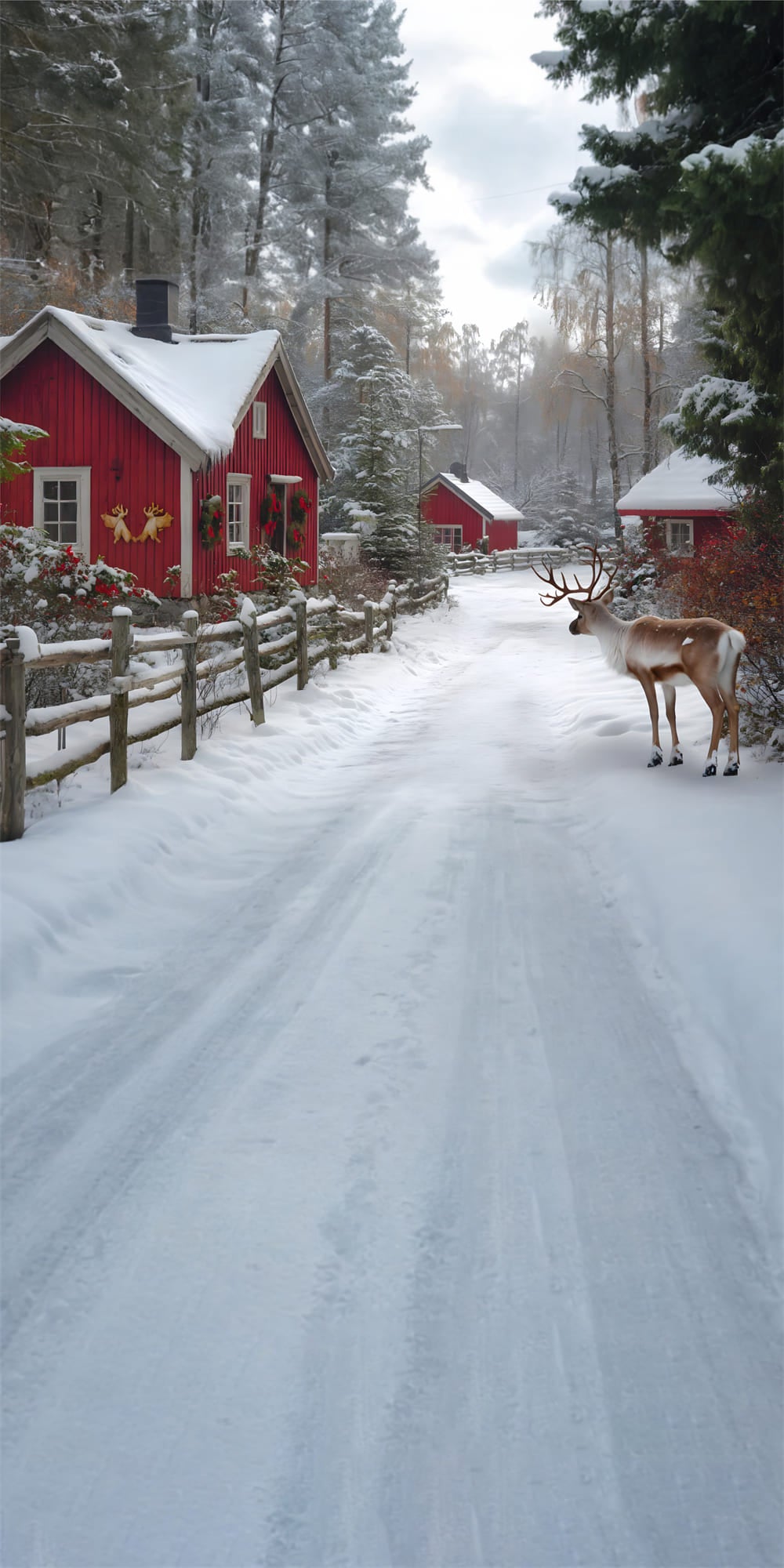 Winter Snow Sweep Village House Reindeer Backdrop UK RR8-358