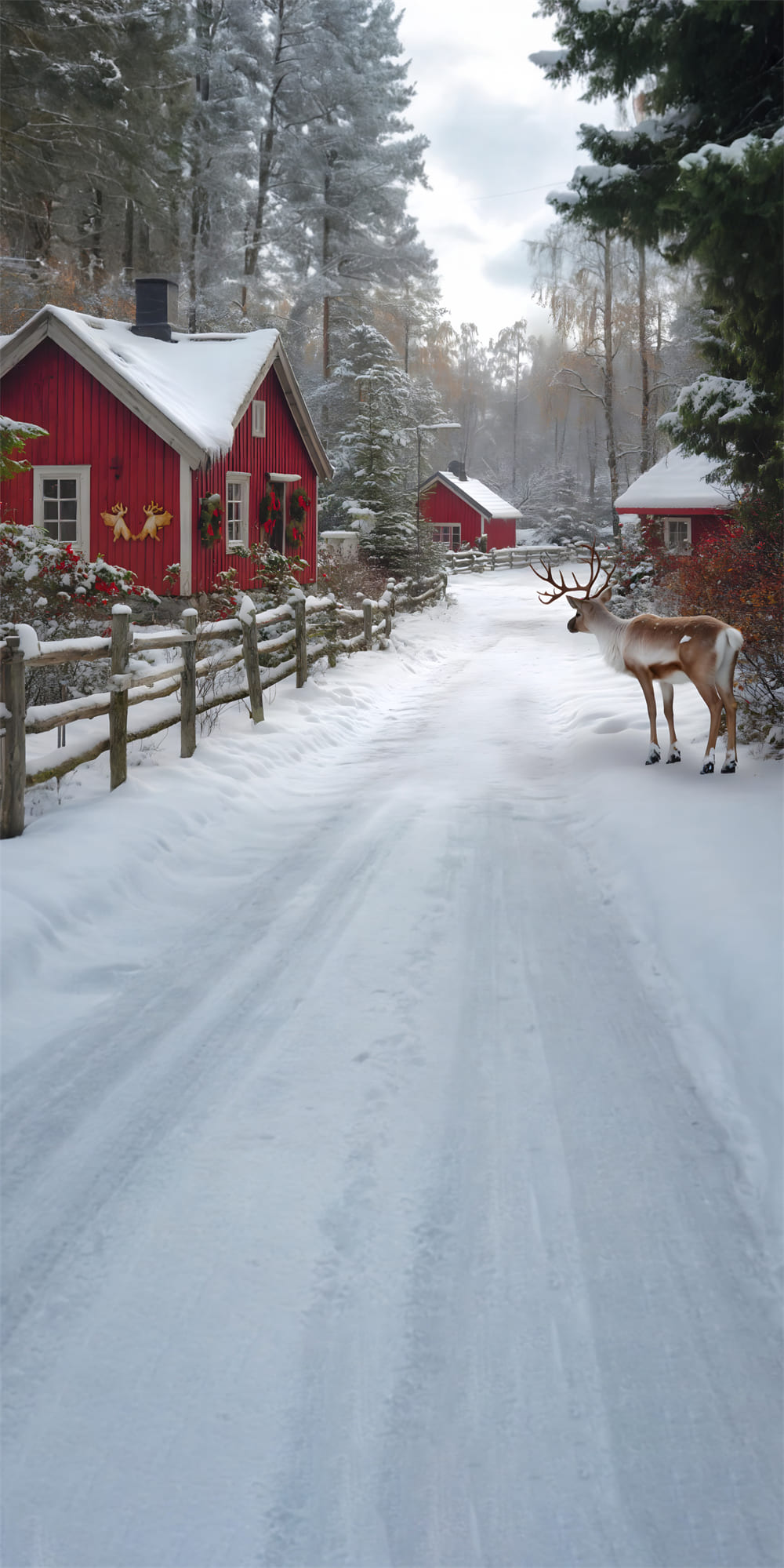 Winter Snow Sweep Village House Reindeer Backdrop UK RR8-358