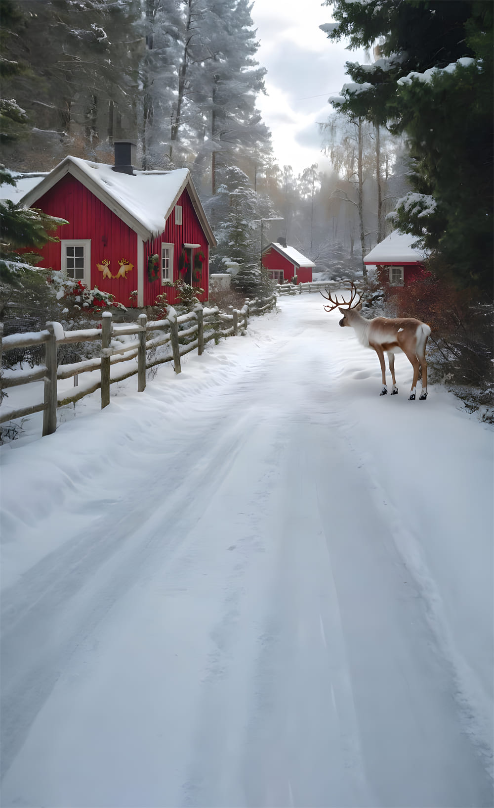 Winter Snow Sweep Village House Reindeer Backdrop UK RR8-358