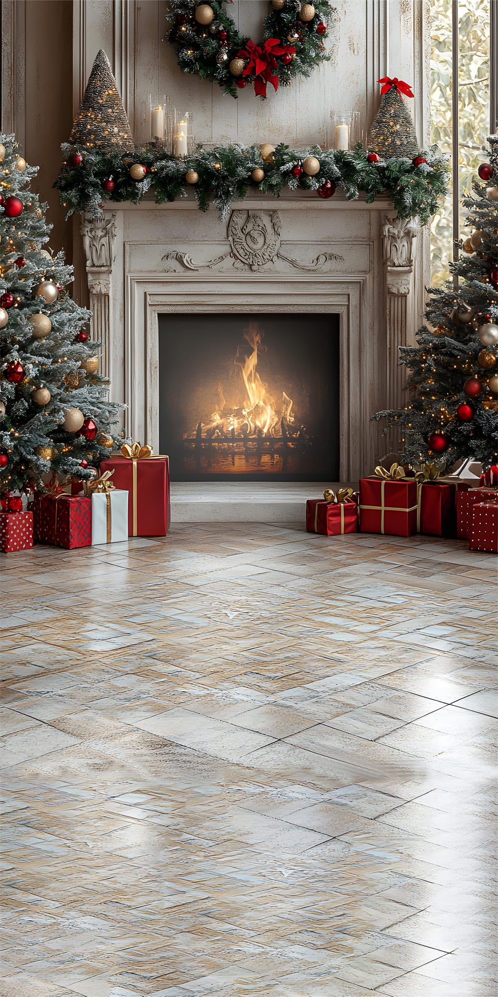 Christmas Floor Sweep Decorated Fireplace Backdrop UK RR8-360