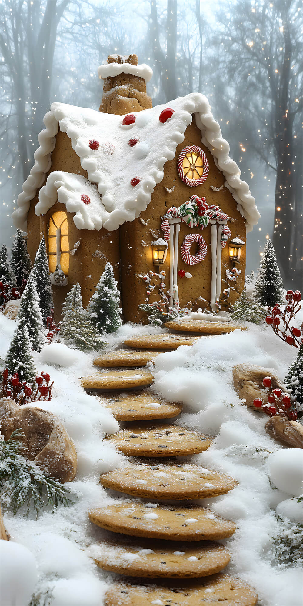 Christmas Snowy Stair Sweep Gingerbread House Backdrop UK RR8-364