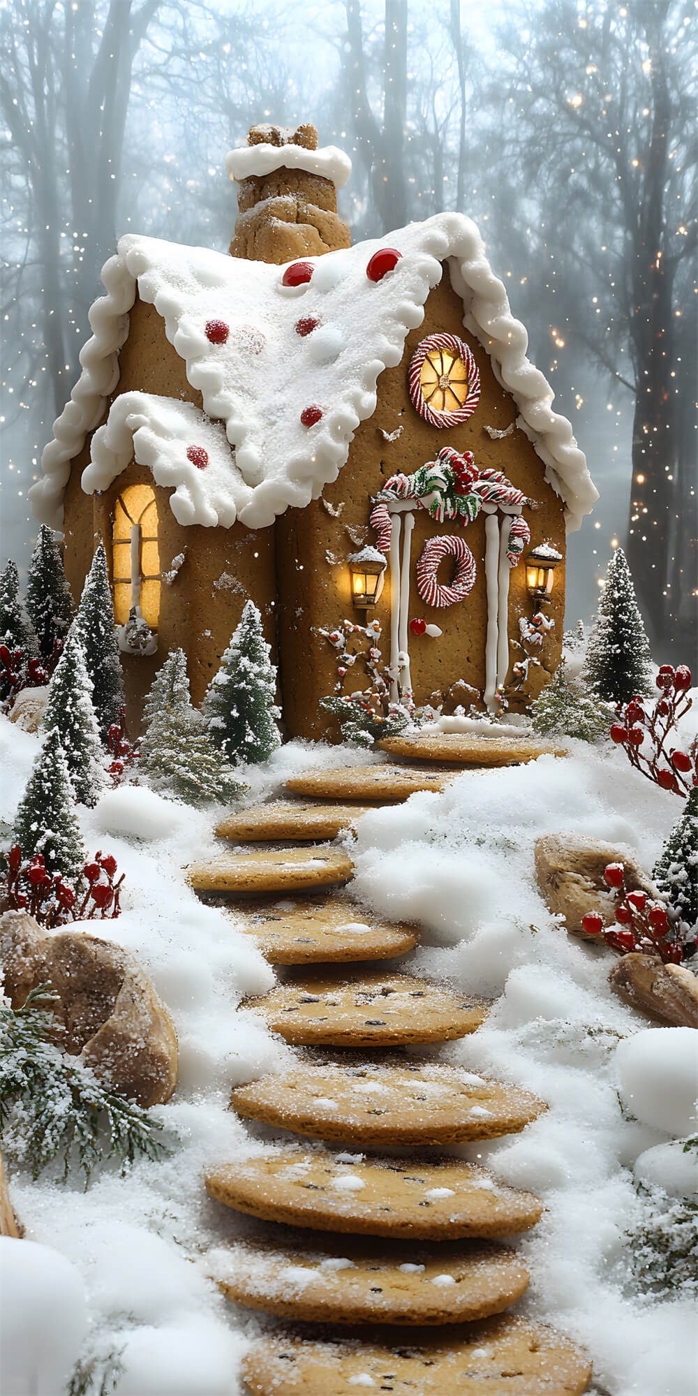 Christmas Snowy Stair Sweep Gingerbread House Backdrop UK RR8-364