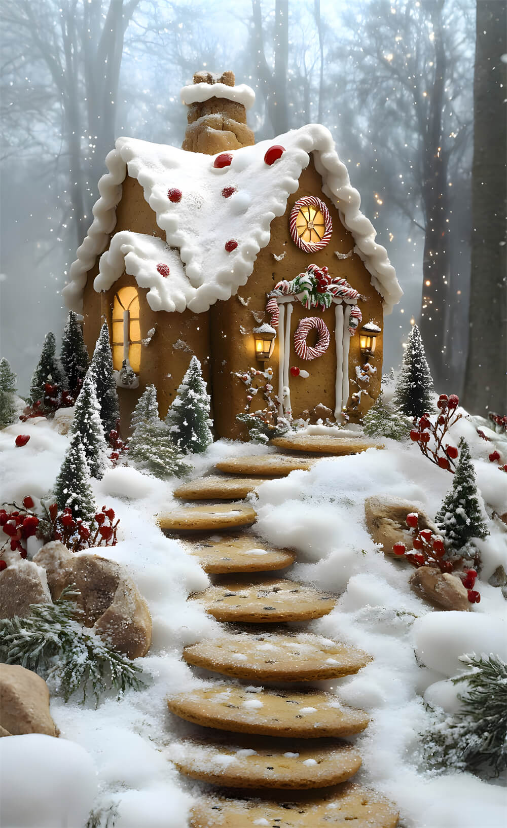 Christmas Snowy Stair Sweep Gingerbread House Backdrop UK RR8-364