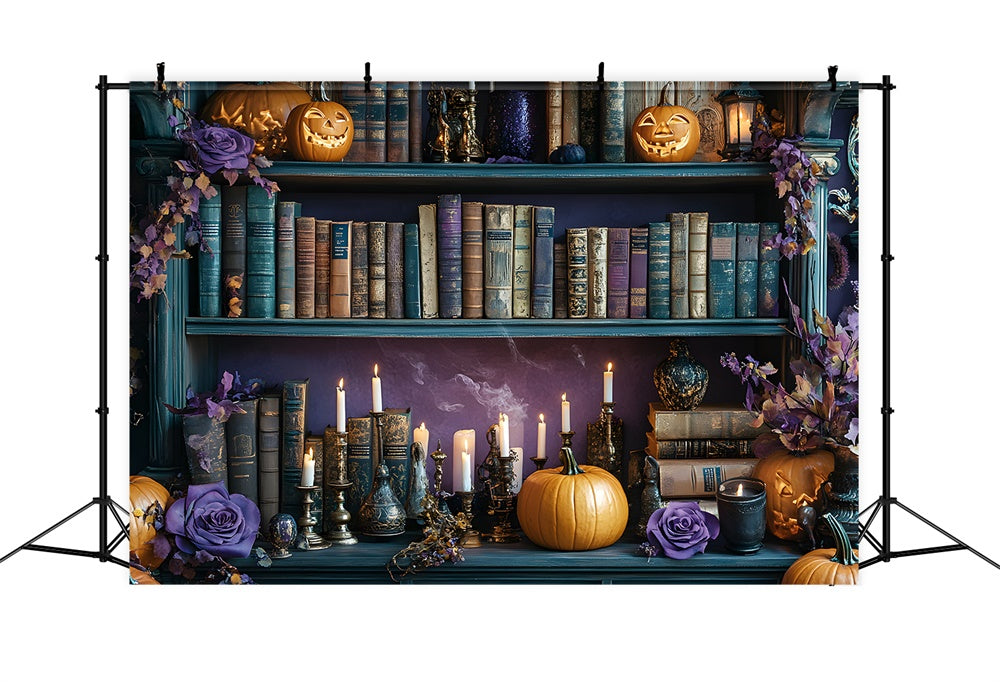 Halloween Book Shelf Pumpkin Candles Backdrop UK RR8-374