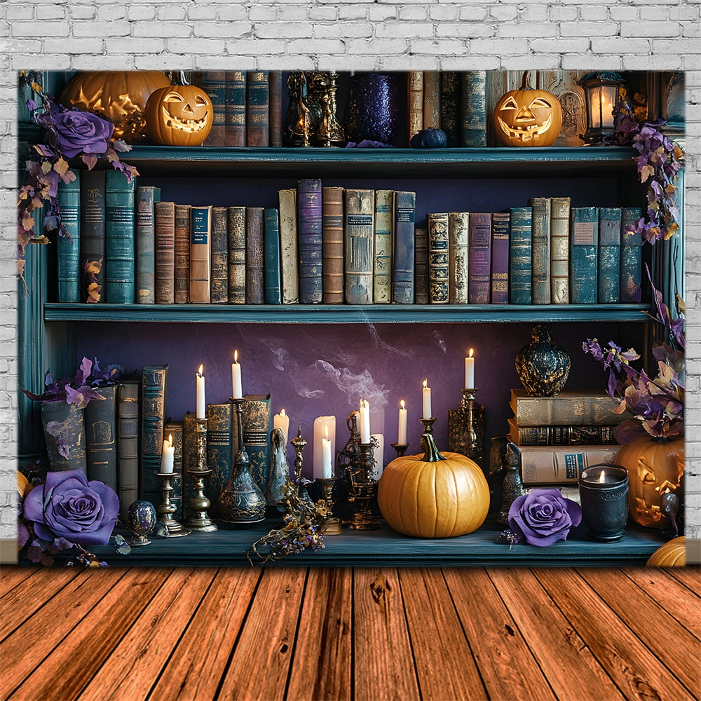 Halloween Book Shelf Pumpkin Candles Backdrop UK RR8-374