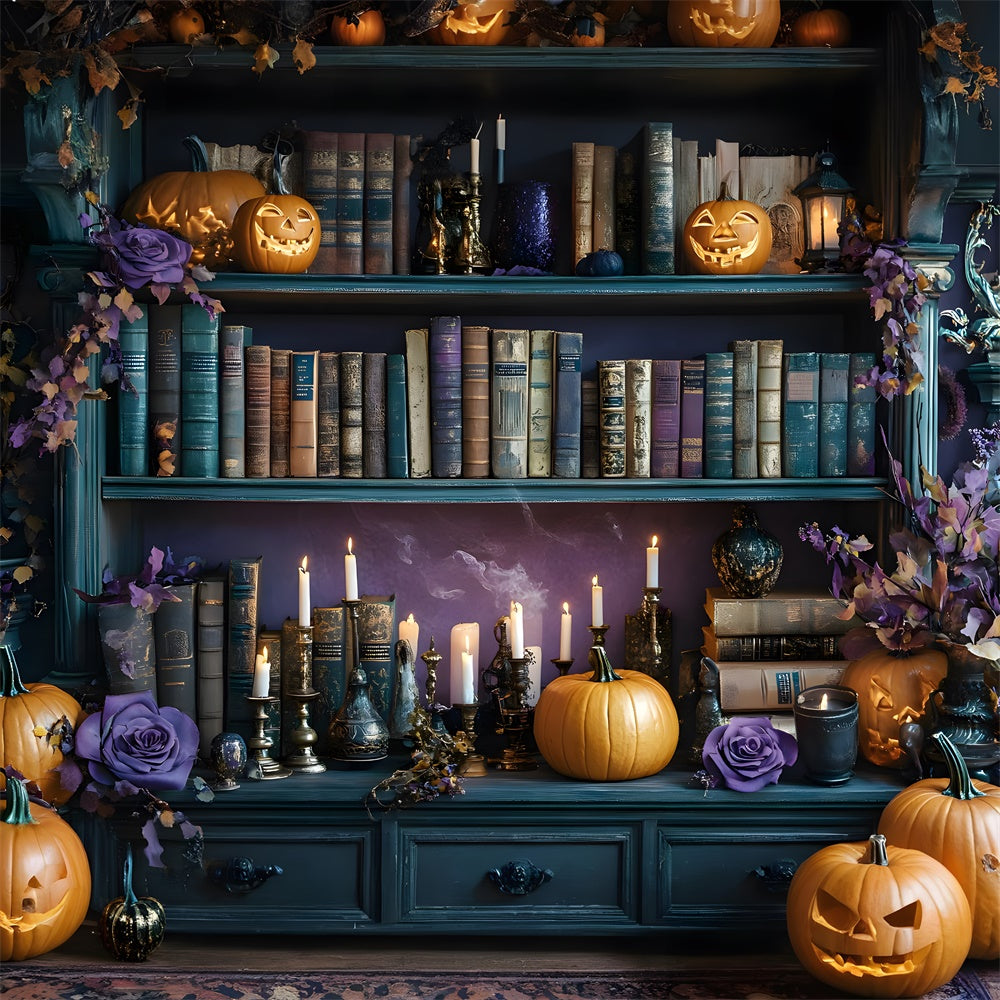 Halloween Book Shelf Pumpkin Candles Backdrop UK RR8-374