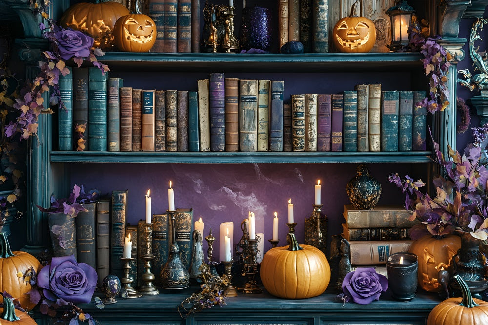 Halloween Book Shelf Pumpkin Candles Backdrop UK RR8-374